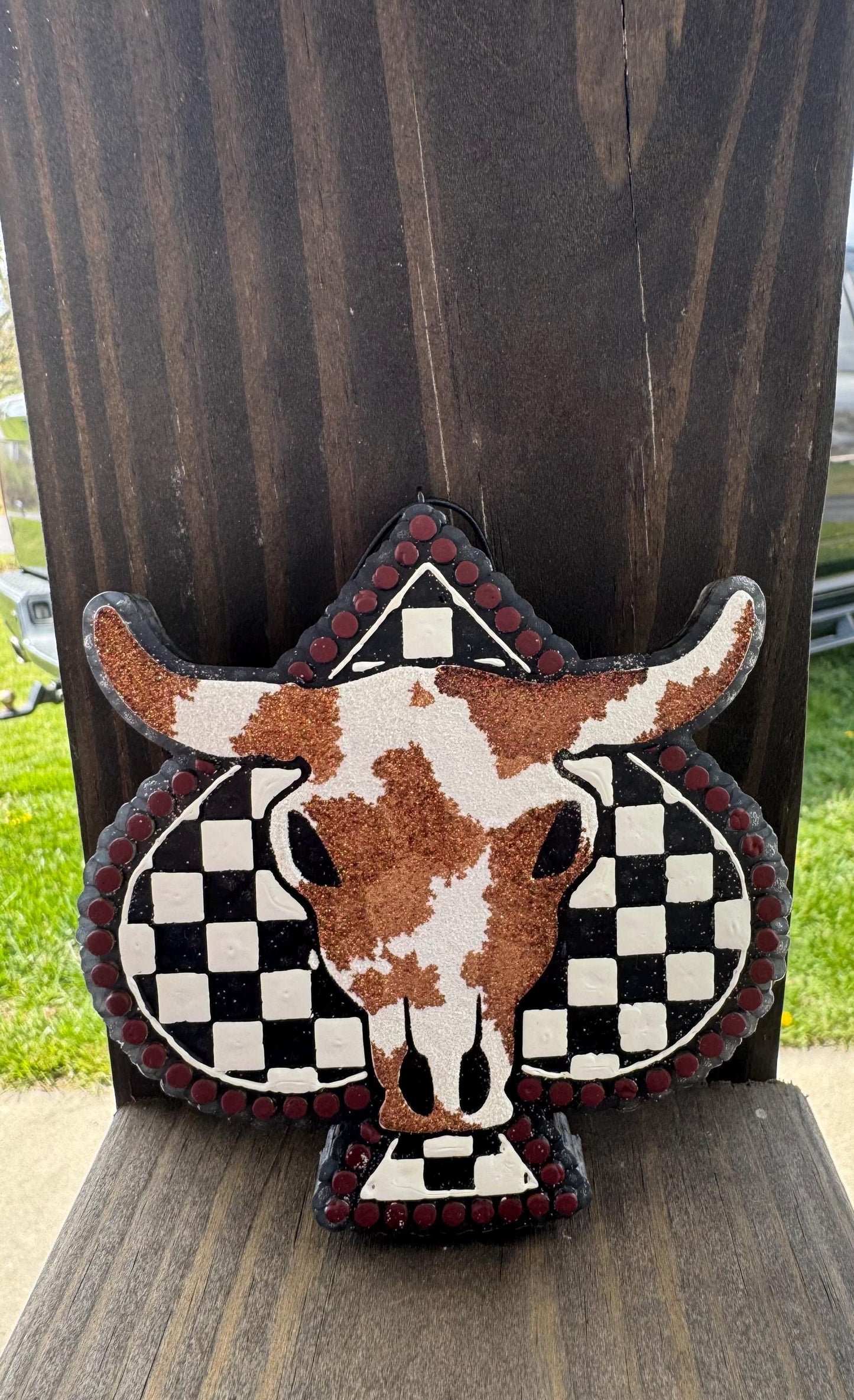 Checkered Spade Bullskull Car Freshie