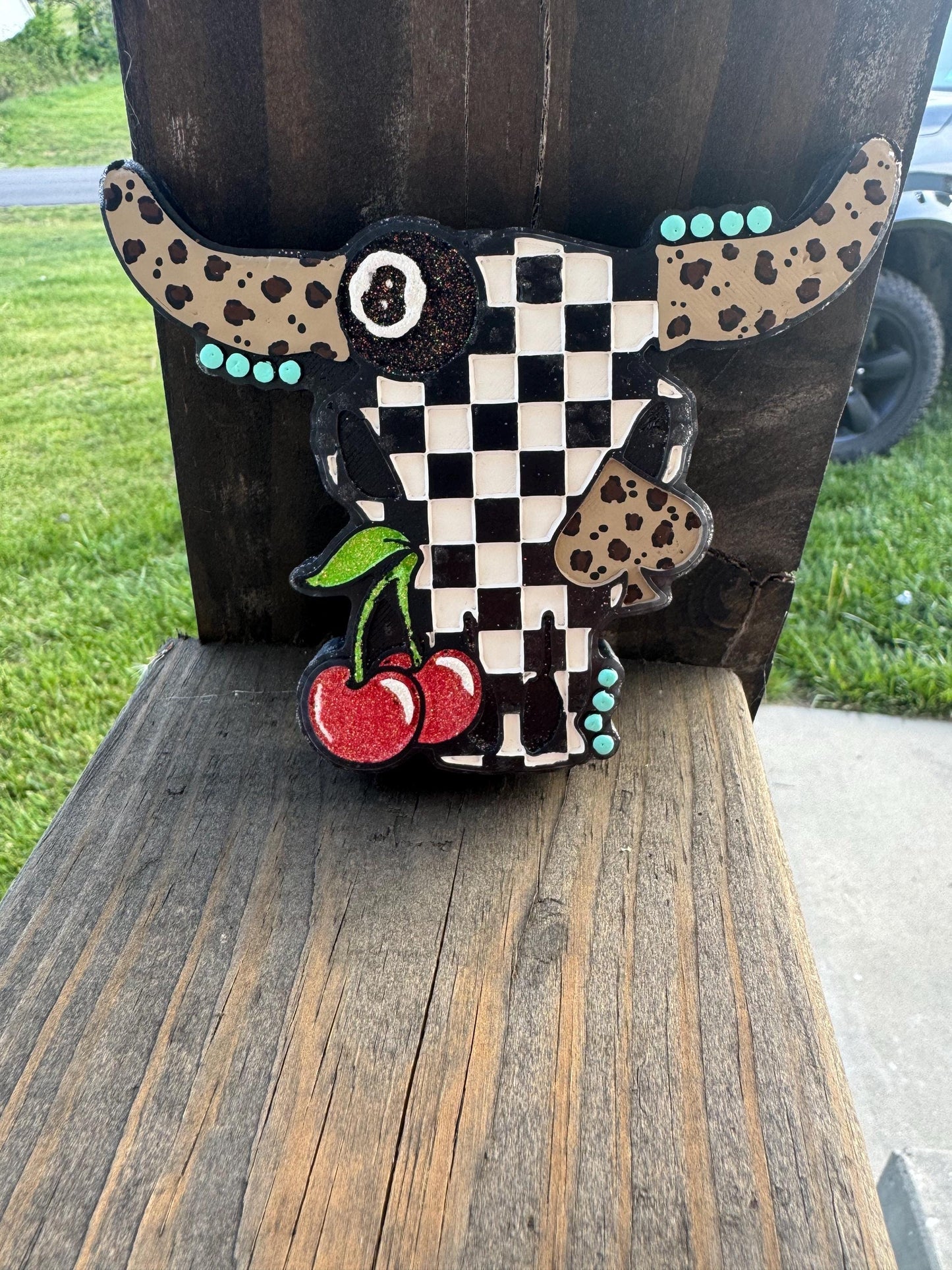 Checkered Bull Skull Car Freshie