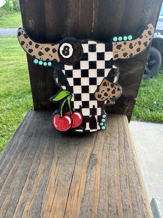 Checkered Bull Skull Car Freshie