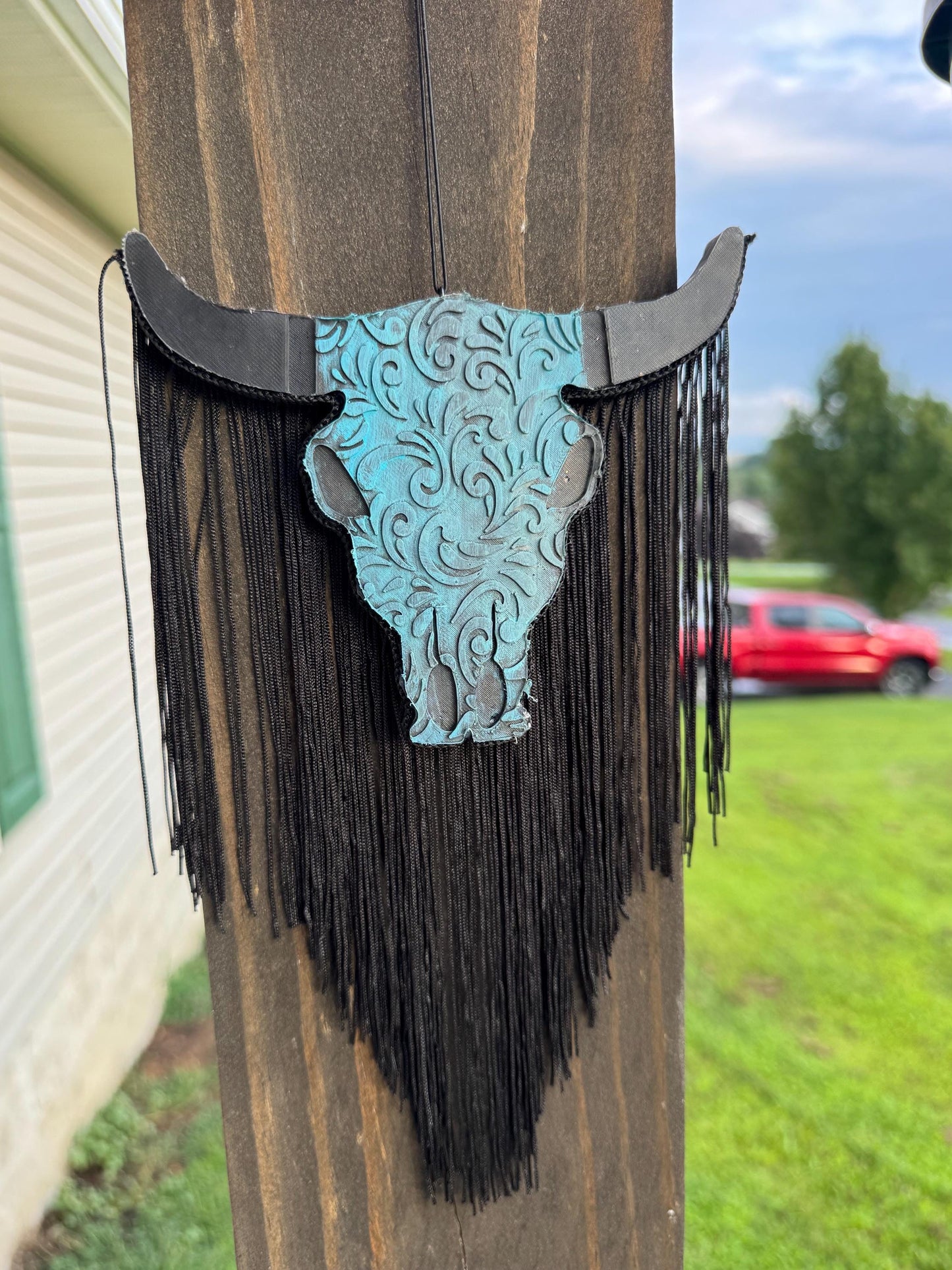 Tooled Leather Bull Skull Car Freshie